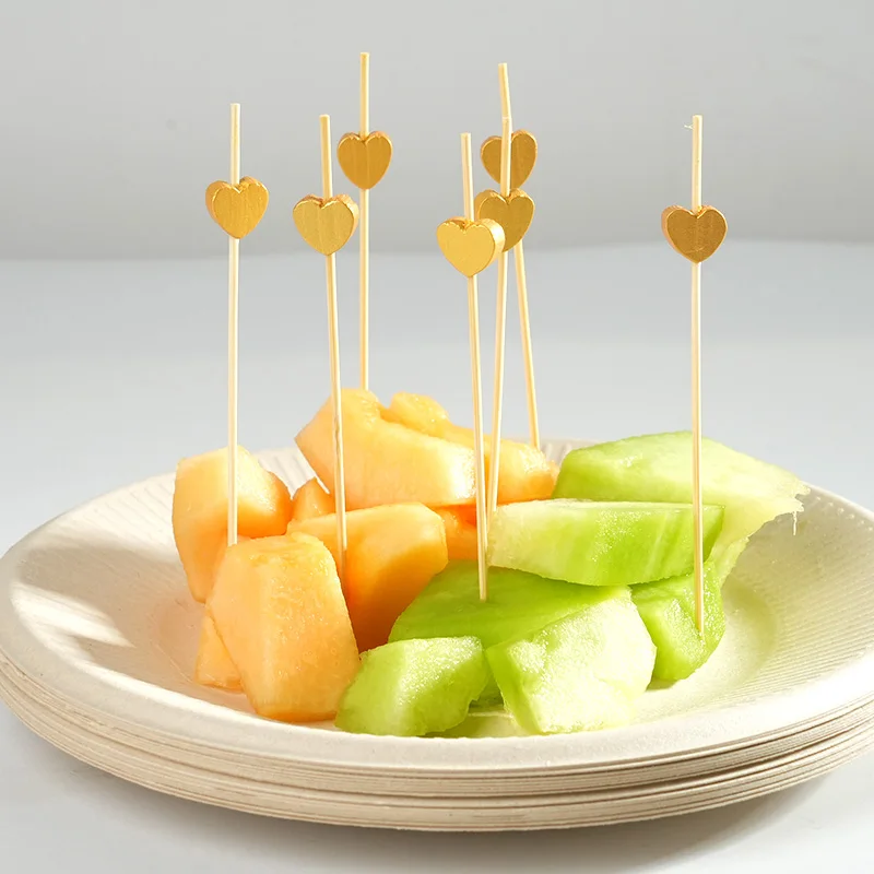 100 peças palitos de bambu dourados, coquetel, aperitivo, palitos de arte de frutas para bebidas, palitos de comida de madeira, materiais de decoração