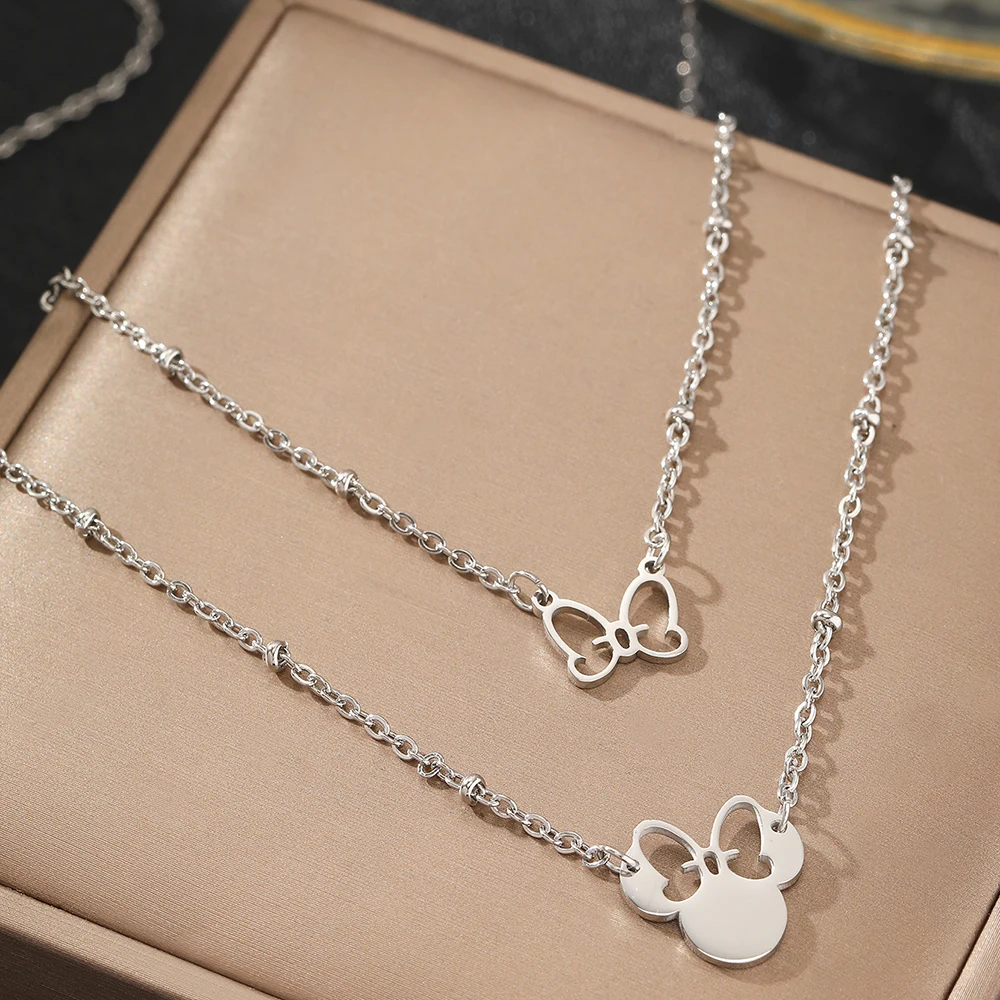 Stainless Steel Necklaces New Senior Multilayer Chain Hollow Butterfly Mickey Pendant Chain Necklace For Women Jewelry New Gifts