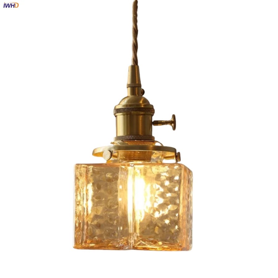 

IWHD Knob Switch LED Pendant Lights Kitchen Bedroom Coffee Japan Style Indoor Home Decor Cube Amber Glass HangLamp Lampu Gantung
