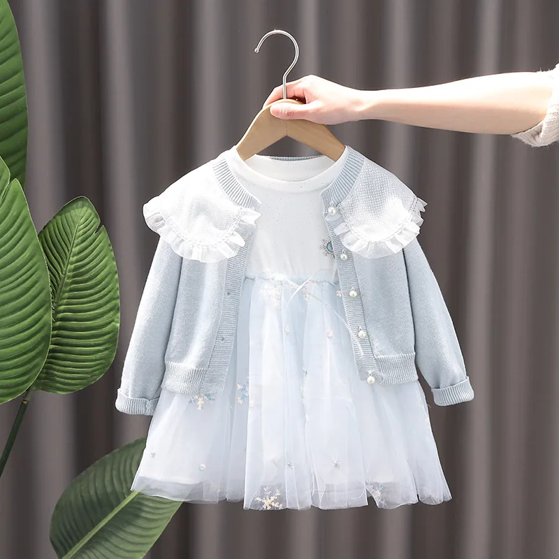 

Spring Autumn Baby Girl Two-piece Clothes Set Lace Turn Down Collar Knit Cardigan Sequin Tulle Spliced Infant Girl Dress Outfits