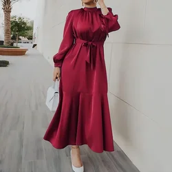 Women Elegant O-neck Lace-up Long Dress Fashion Waist Ruffles Solid Color Party Dress Office Casual Long Sleeve Satin Maxi Dress