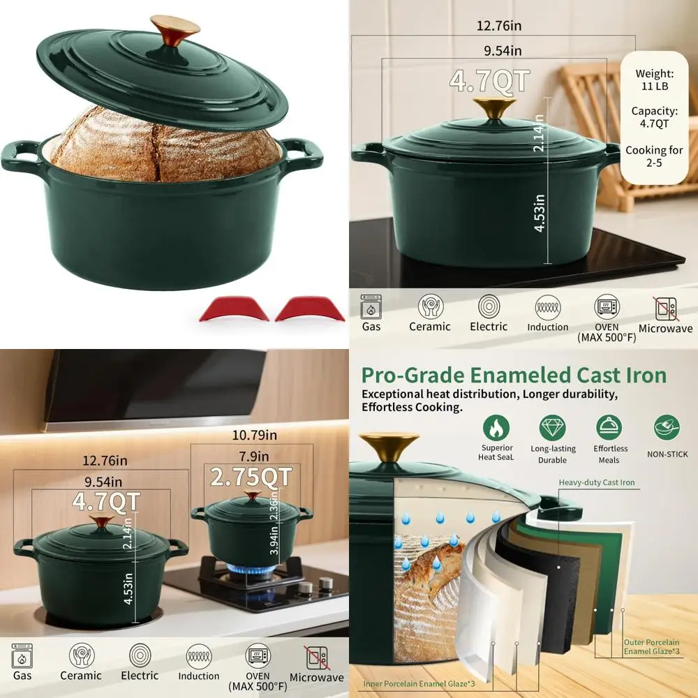 

Сверхмощная чугунная голландская духовка с крышкой — круглая кастрюля для запекания хлеба, тушения, обжарки и раковины — безопасная в духовке, Perf