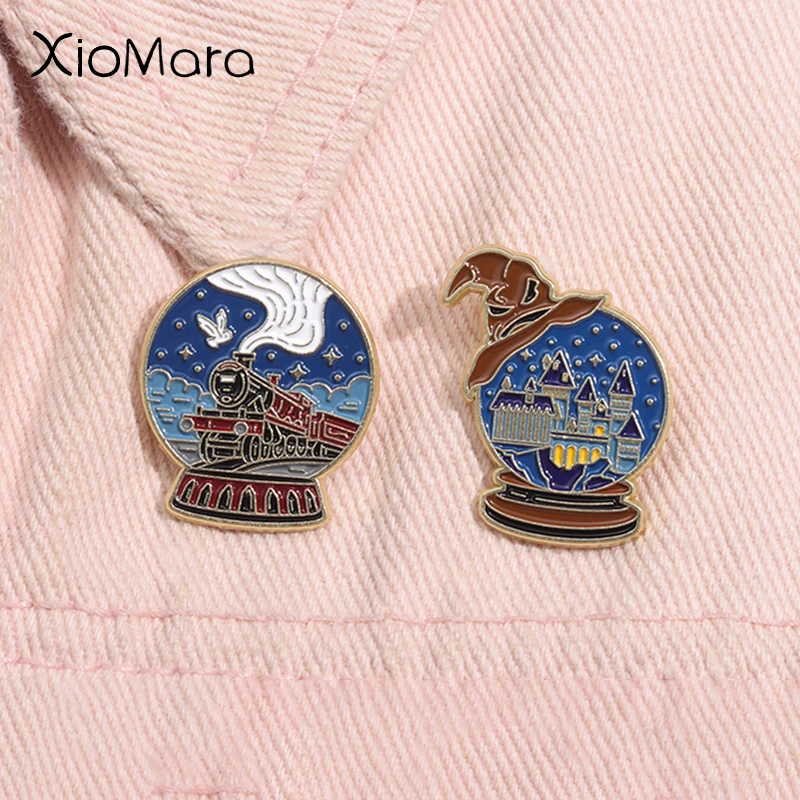 Cartoon Magic Crystal Ball Enamel Pins Dream Castle Train Wizard Hat Metal Brooches Lapel Badge Jewelry Gifts For Kids Friends