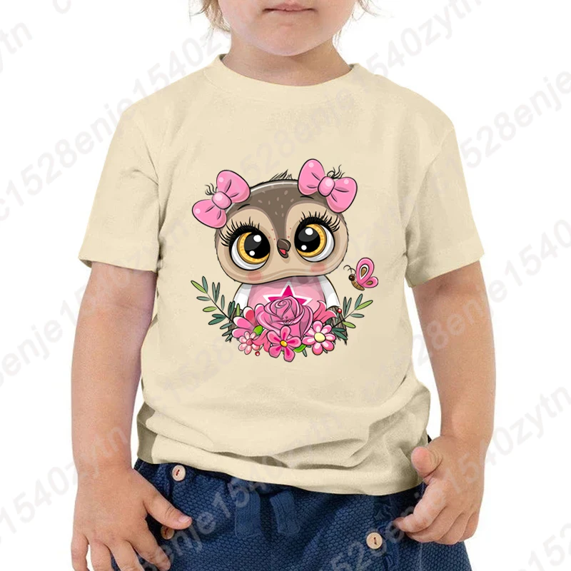 

Owl Flower Print T Shirt Summer Casual T-shirt Children Girls Creative Round Neck Short-sleeved Tee Shirt Kids Popular Tees Tops