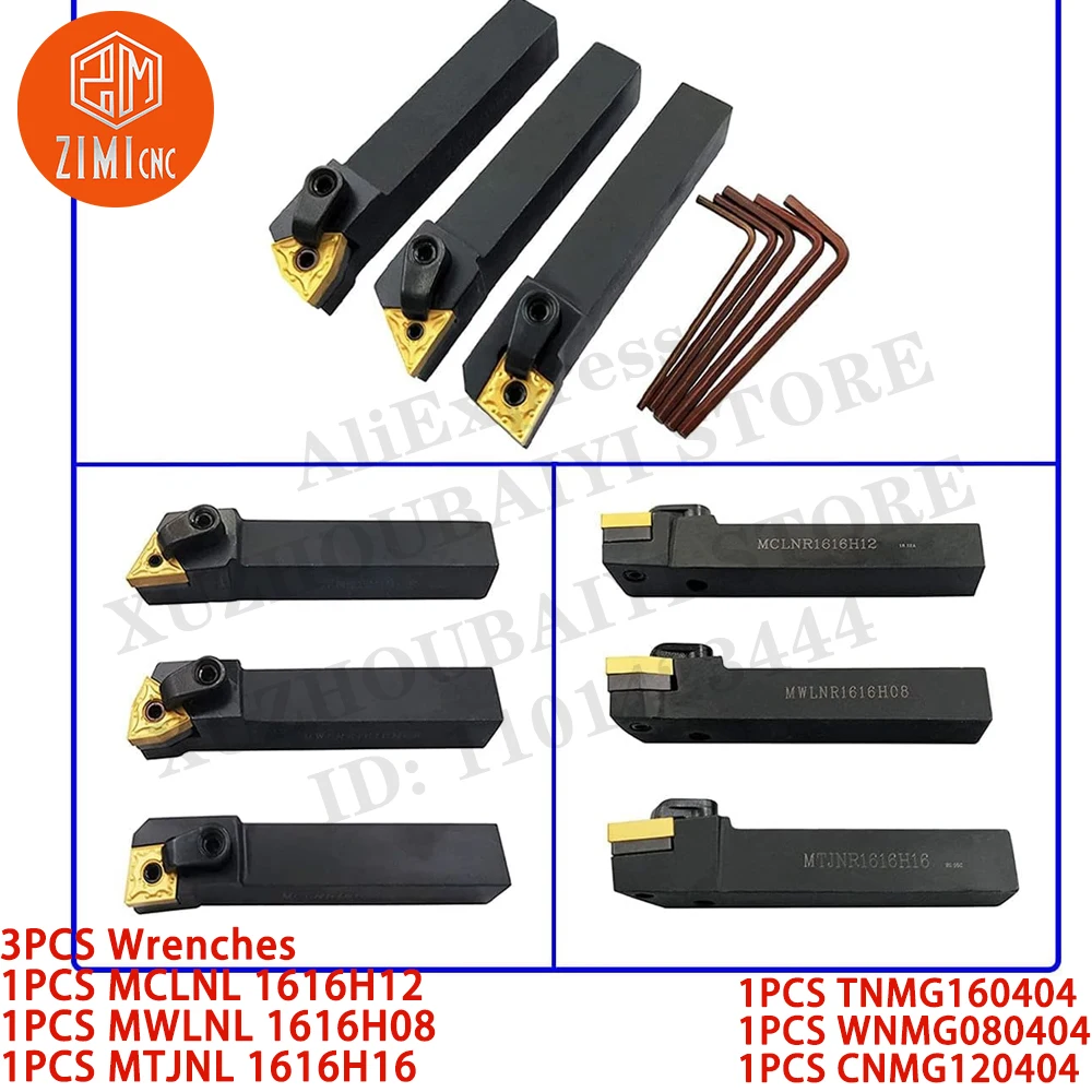 Portaherramientas de torneado de carburo Indexable, insertos TNMG160404 WNMG080404 CNMG120404, MCLNL 1616H12 MWLNL 1616H08 MTJNL 1616H16, 3 piezas