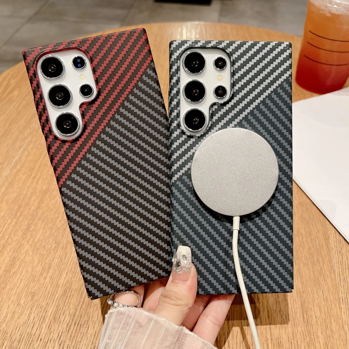 سليم ألياف الكربون كيفلر نمط ل Magsafe المغناطيسي حقيبة لهاتف سامسونج S25 S24 S22 S23 الترا A56 A55 A15 A16 الصلب درع غطاء الكمبيوتر