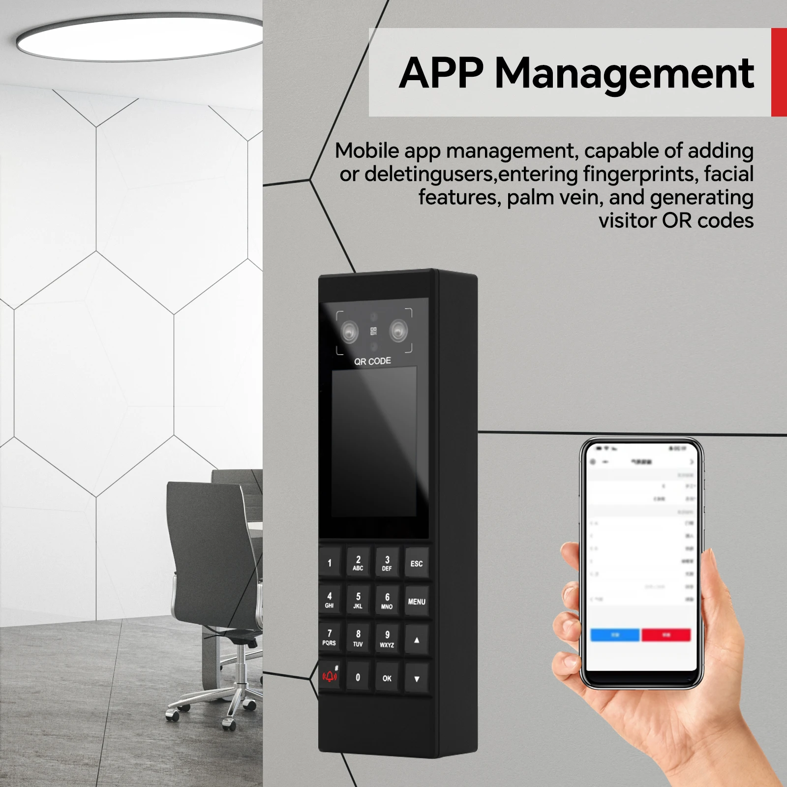 Kontrola dostępu i rejestracja czasu pracy M210-BLACK01 z rozpoznawaniem żył dłoni, zarządzanie przez aplikację, budynki biurowe, eksport danych przez USB.