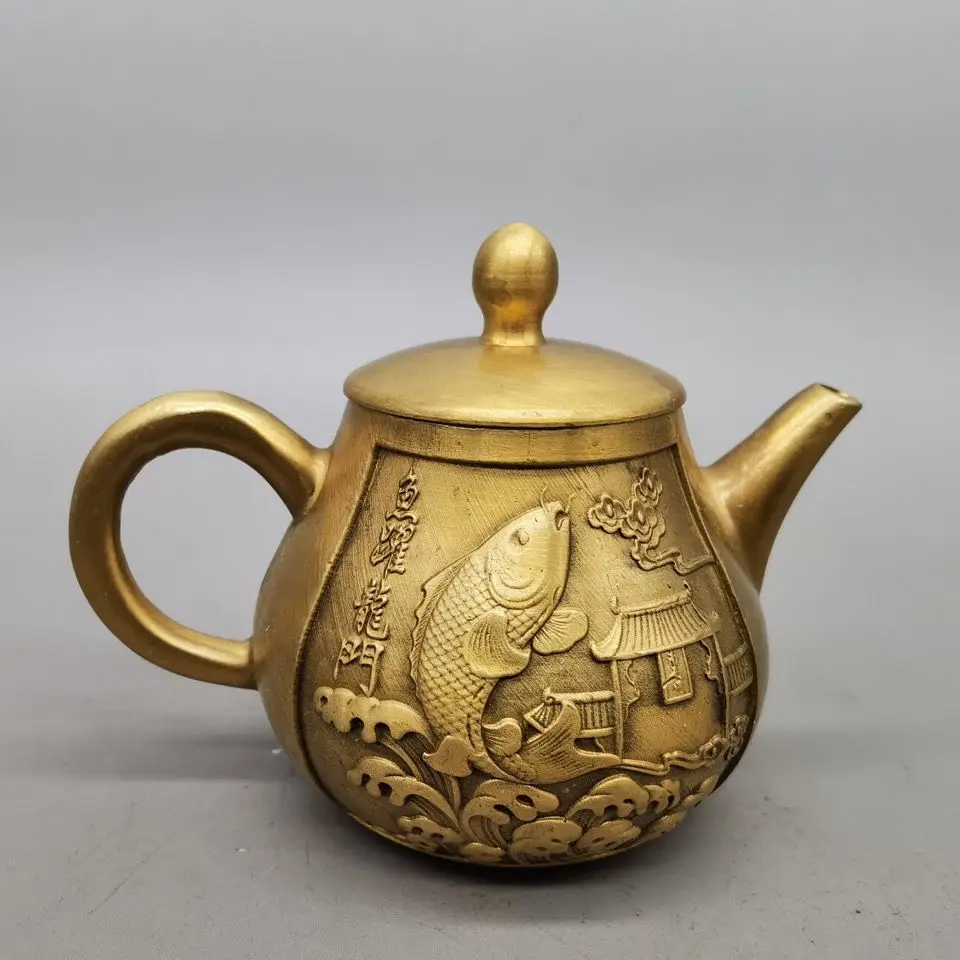 Brass small teapot ornament, dragon and phoenix teapot, die cast with precision craftsmanship, retro water injection, four treas