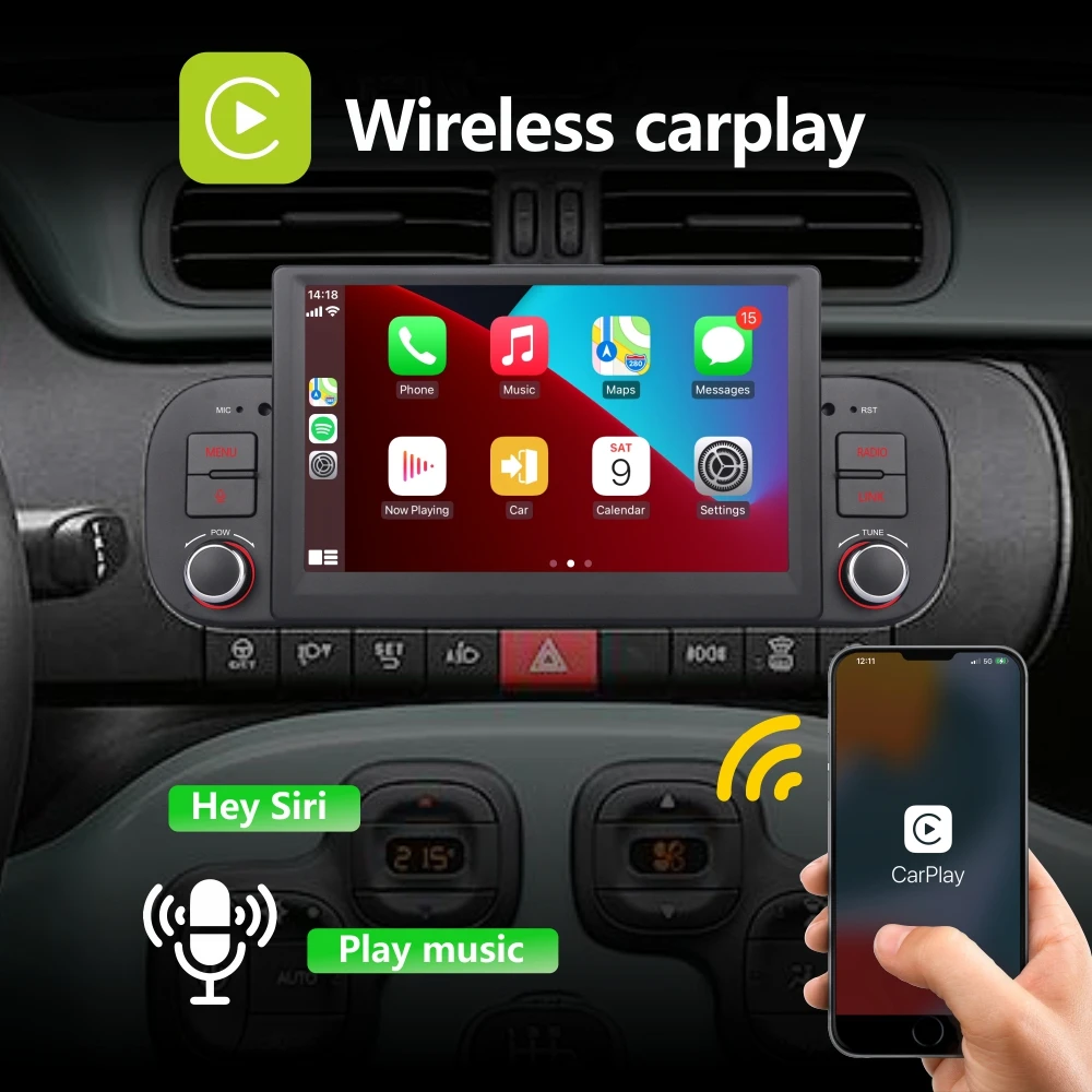 Car Radio with Wireless Carplay Android Auto for Fiat Panda 2013-2020 with IPS Touch Screen DAB+ AHD Rear View Camera