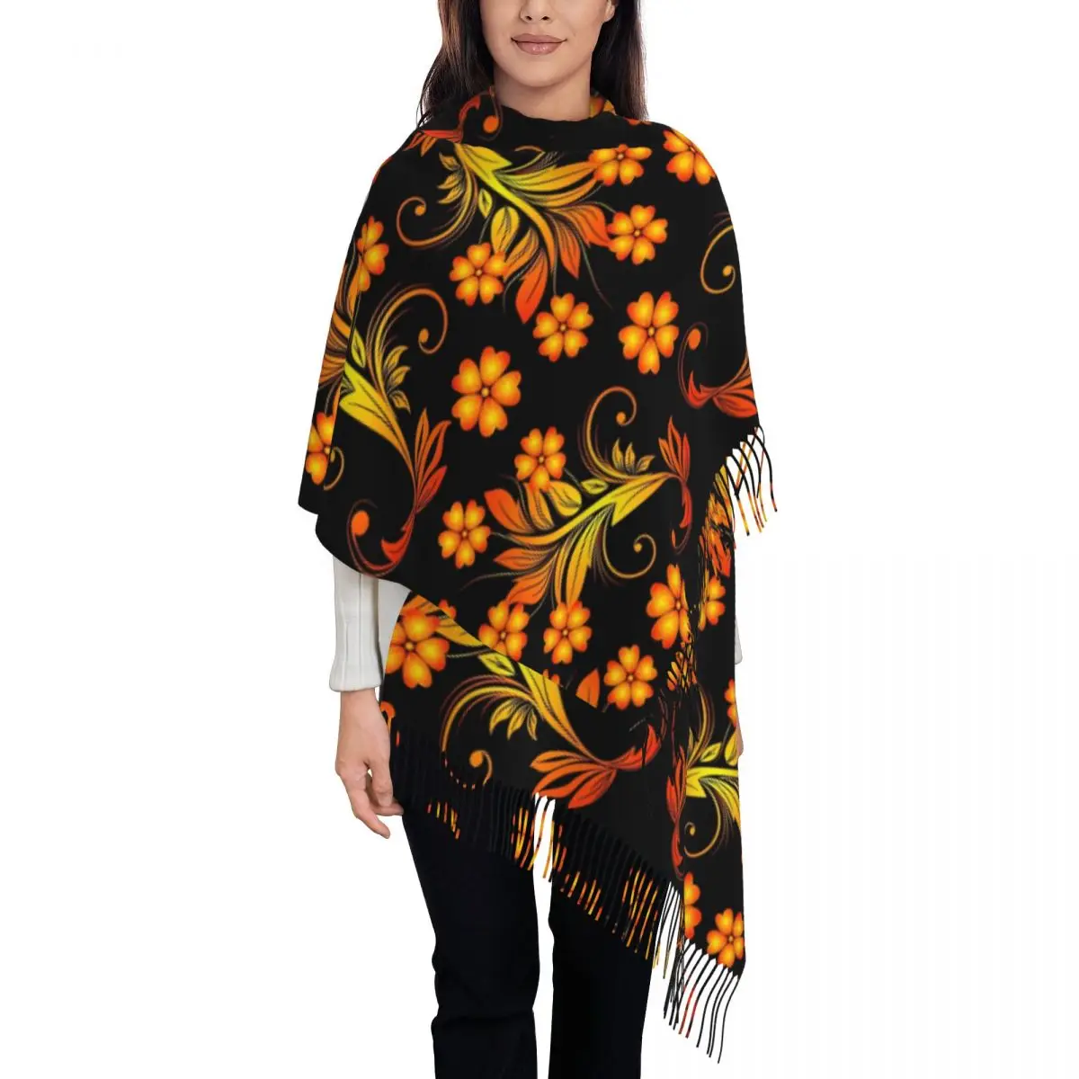 

Пользовательский принт Хохлома Русский народный художественный шарф Мужчины Женщины Зимние теплые шарфы Шаль Wrap