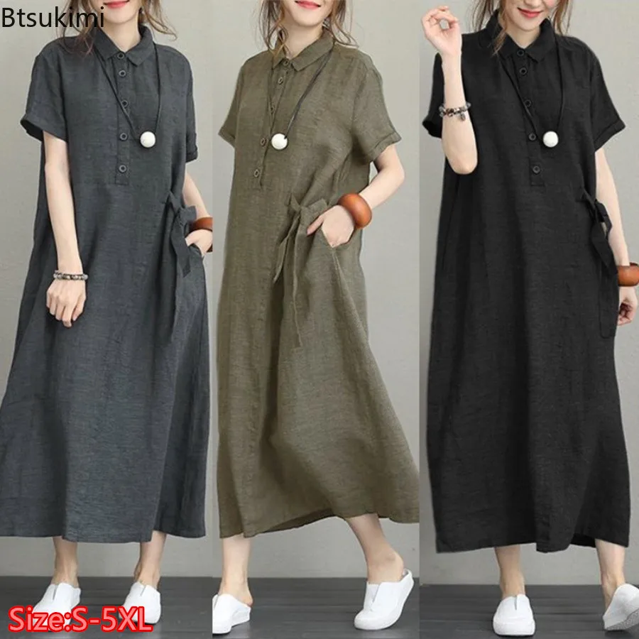 

2024 Summer Dress Simple Vintage Cotton Linen Long Dress for Women Fashion Casual Short-sleeved Shirt Dress Solid Vestidaos Robe