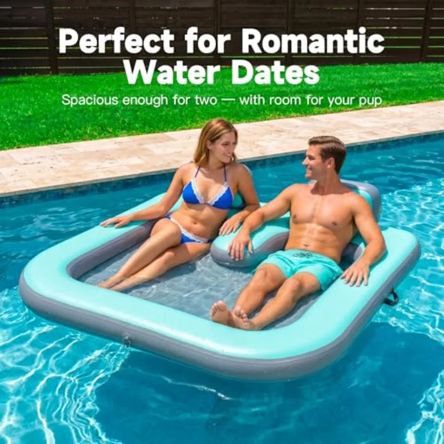 Pool float for lake ocean river pool party: inflatable floating dock 71 x 71, UV puncture resistant mesh material, gray-blue, 5