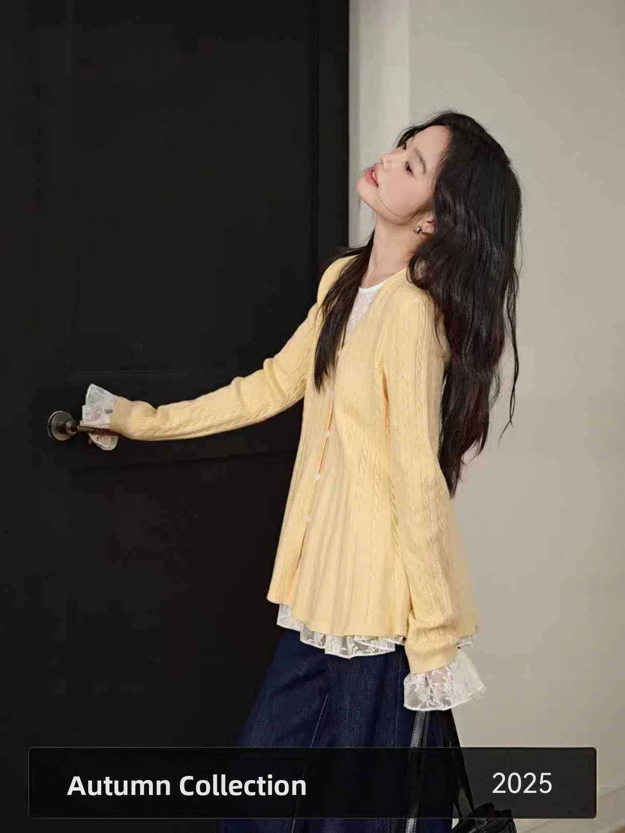 

Yellow Knitted Sweater Lace Top Two-Piece Set Women's Layering irt Winter Commute Sle Slim Fit Long Sve V-Ne Autumn