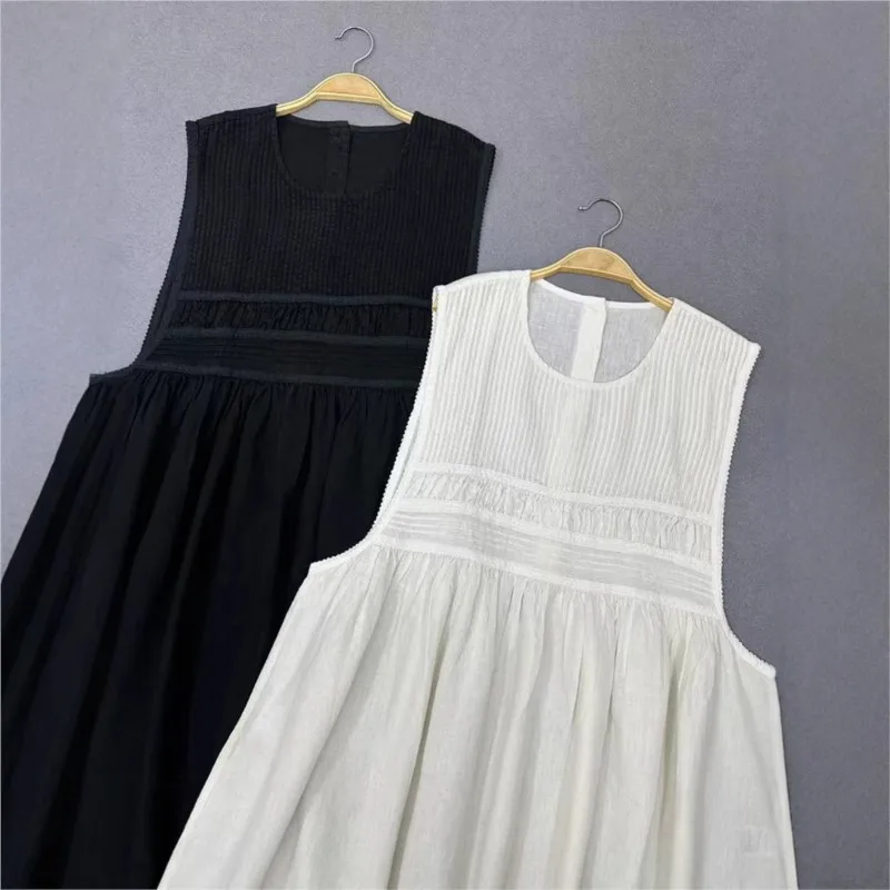 Johnature japonês doce linho plissado de cintura alta sem mangas vestido primavera verão novo solto em camadas plissado vestidos femininos