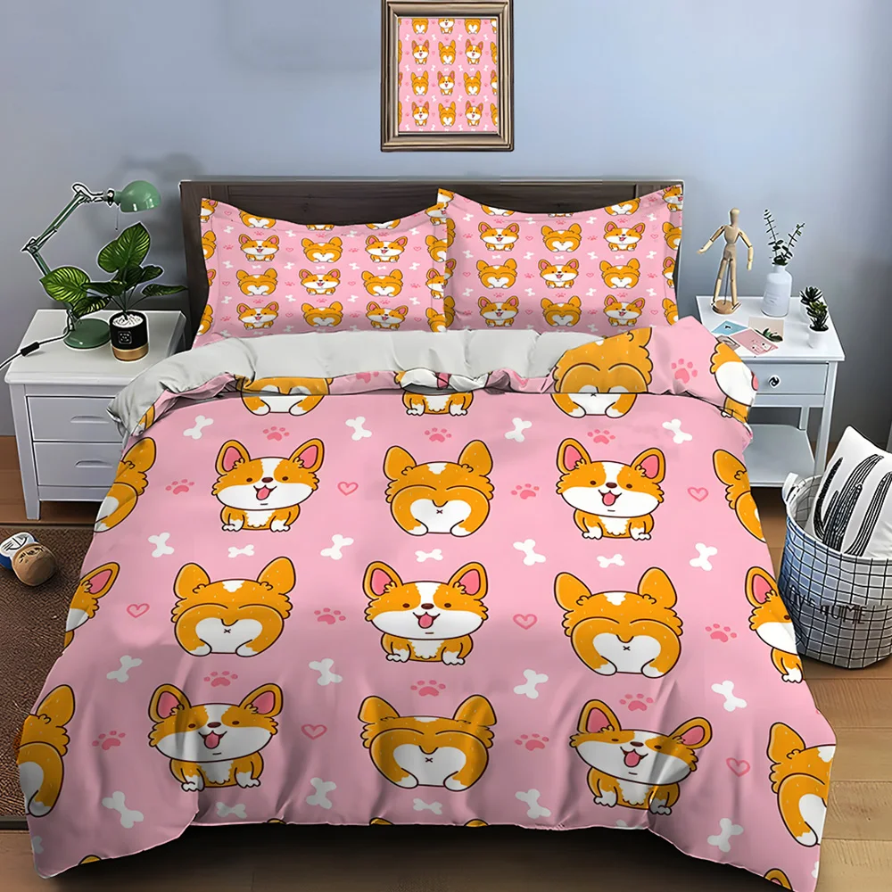 3PC Cute cartoon corgi and bones Print Bedding Set 1 Duvet Cover 2 Pillowcases for Adult and Children Luxury Gift Full Size
