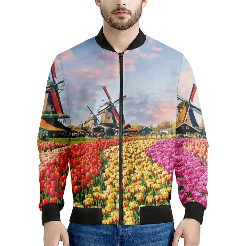 جاكيت رجالي بطباعة ثلاثية الأبعاد من هولندا مع سحاب زهور التوليب ، سشيرت بأكمام طويلة رائع ، قمم ، جواكيت بمقاس كبير ، معطف الشارع الشهير #4