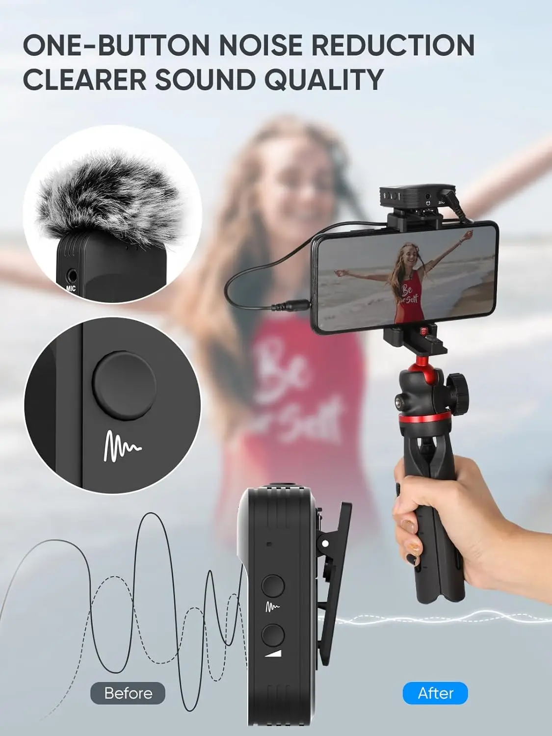 Moman Wireless Lavalier Microphone 2.4GHz Compact Wireless Lapel Mic System Noise Cancellation Transmission 8H Battery Life