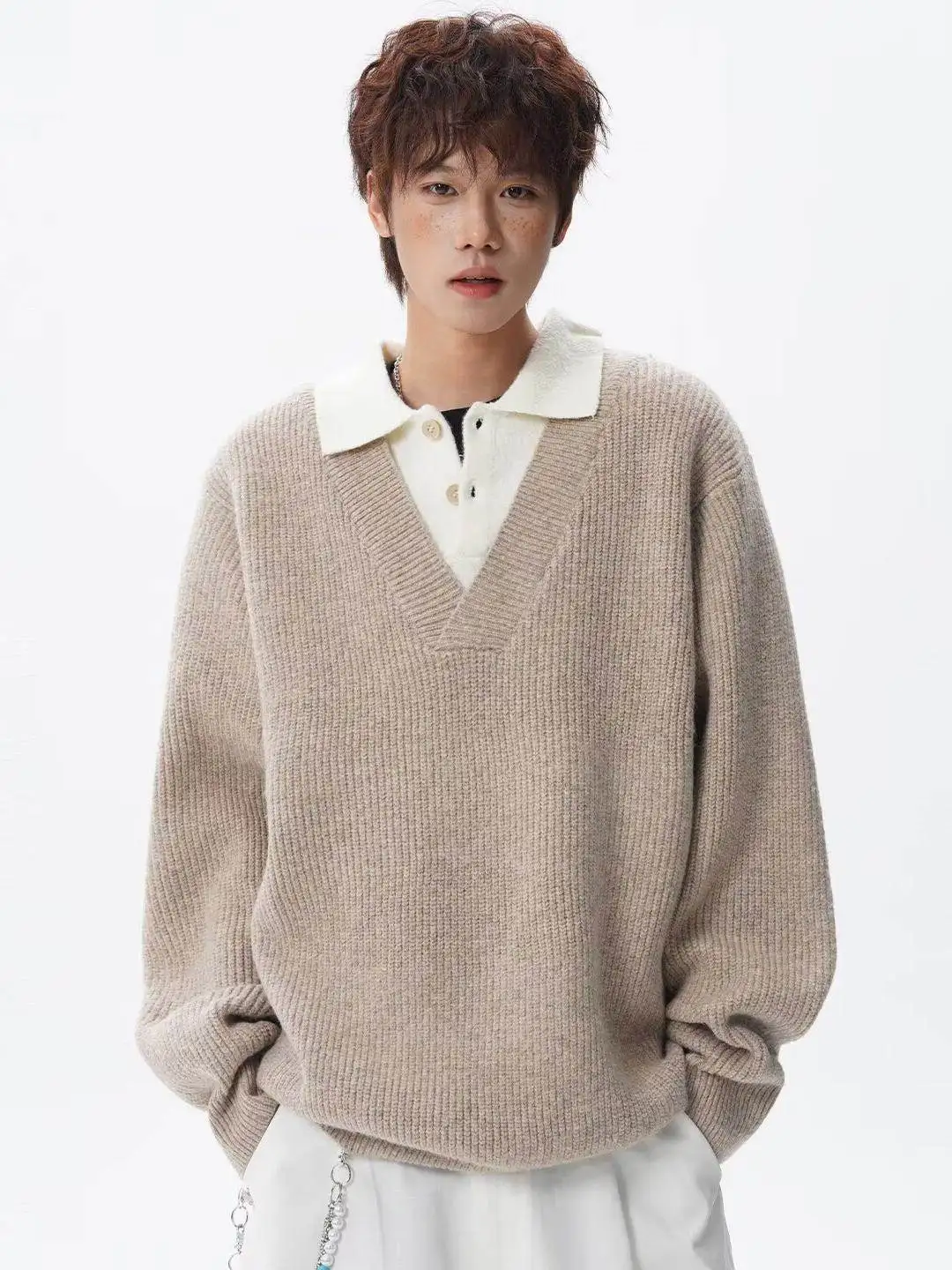 

Korean Sle Knitted irt Collar Fake Two-Piece Men's Sweater Casual Commute Winter Outerwear Comfortable Medium Thi Long ...