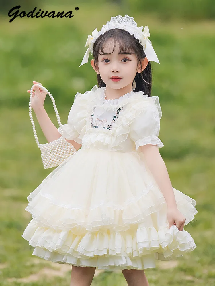 

Sweet Baby Girls Vintage Court Lolita Princess Dress Kids Summer Puff Sleeve Lace Patchwork Ruffle Trim Birthday Party Dress