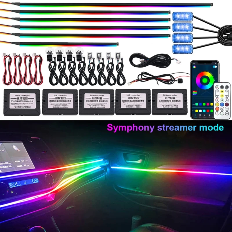 18 / 22 In 1 Streamer Car Ambient Lights RGB 213 64 Color LED Interior Rainbow Acrylic Strip Symphony Remote Atmosphere Lamp Kit