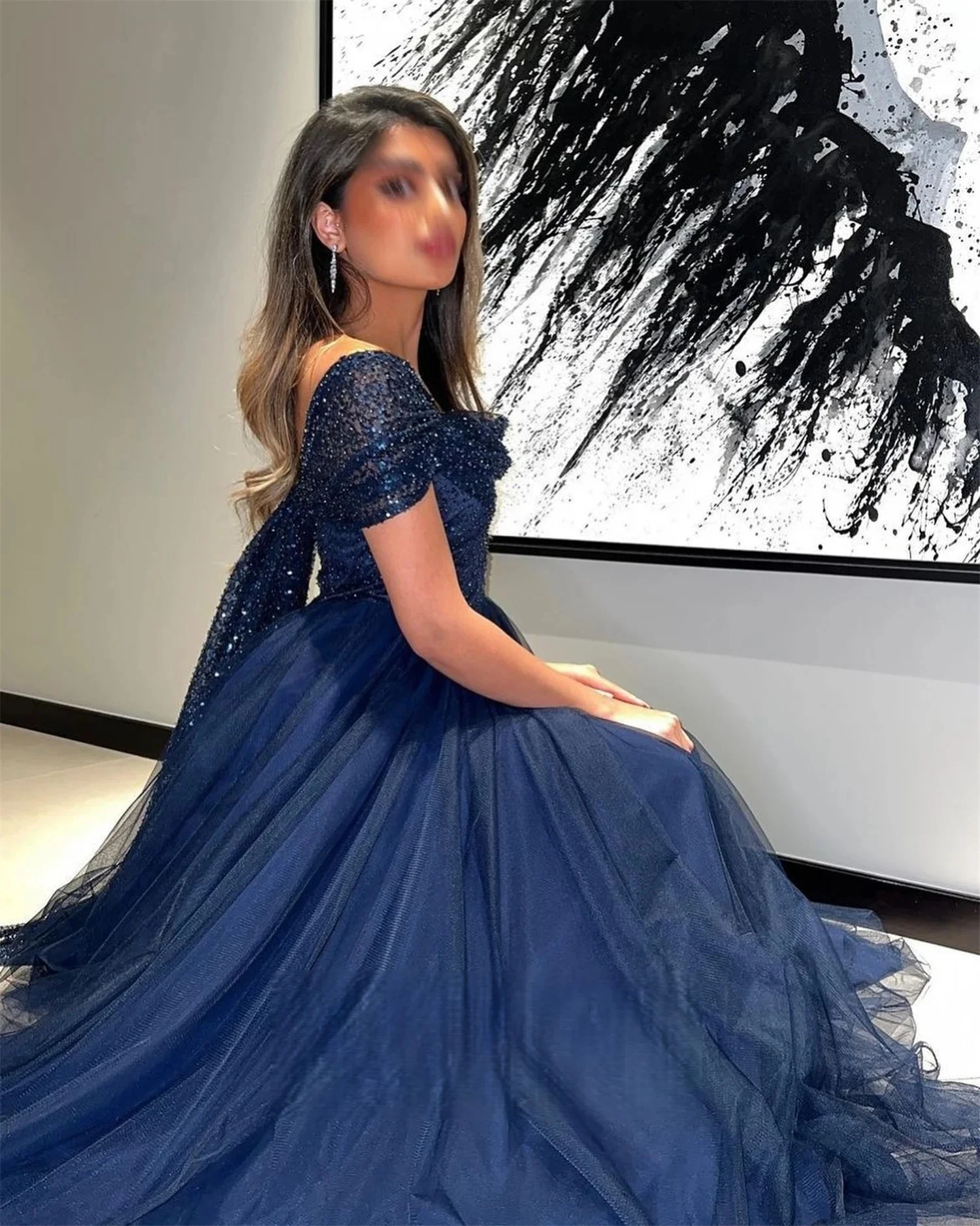 Navy Blue Cap Sleeves Bespoke Occasion Gown Long Evening Dresses Pastrol Unisex Jersey Retro Dubai Saudi Arabic Prom Customized