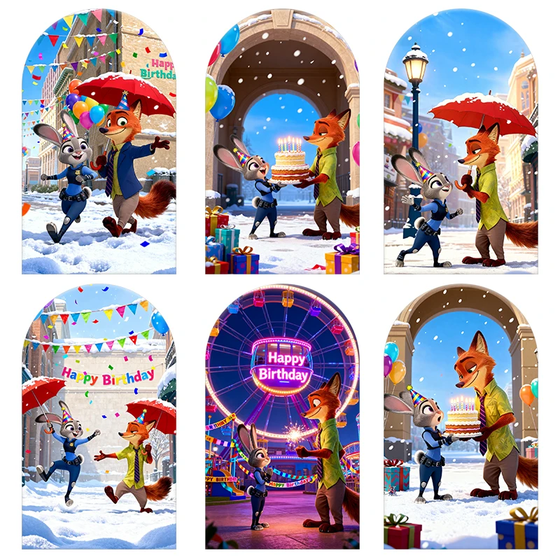 

Zootopia Theme Judy Arch Backdrop Cover Nick Fox Happy Birthday Party Baby Shower Background Elastic Fabric Photo Decoration