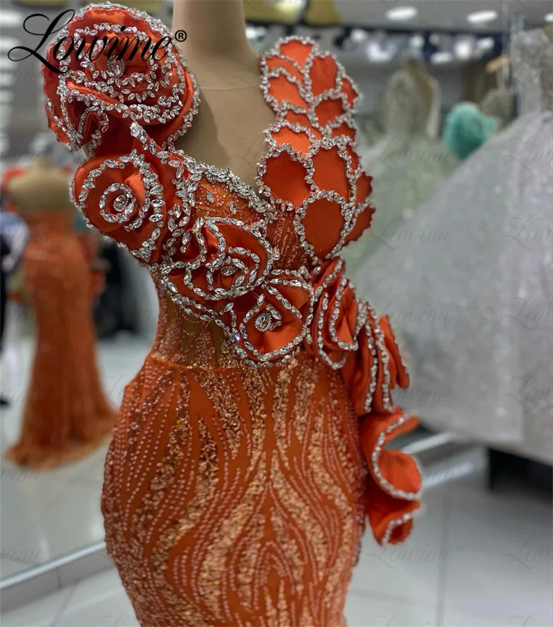 2024 Aso Ebi Orange Party Dress per matrimoni sirena cristalli in rilievo lungo compleanno abiti da fidanzamento Robe De Soiree abito da sera