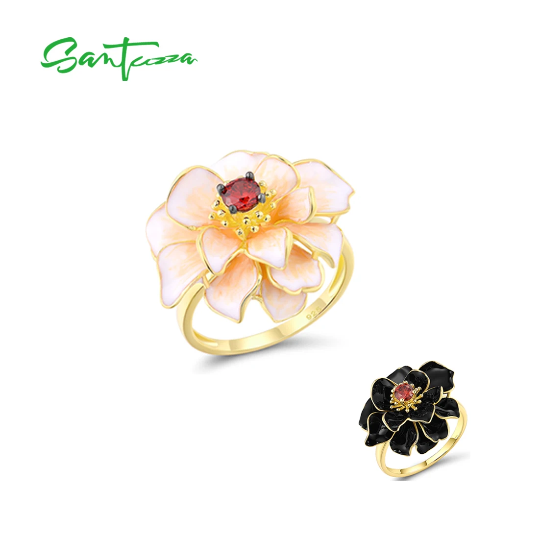 SANTUZZA Pure 925 Sterling Silver Rings For Women Glamorous White Black Lotus Flower Garnet Trendy Fine Jewelry Handmade Enamel