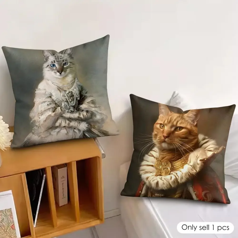 Renaissance Royal cat Cushion Cover Silky Short Plush Invisible Zipper Dustproof Sofa Pillow Case for Home Decor
