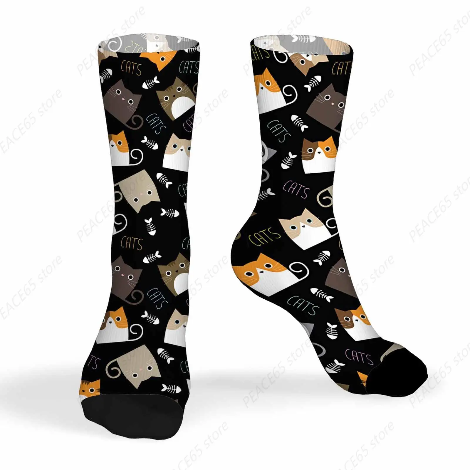 Cat and Fish Bones Mens Fun Dress Socks Cartoon Lovely Animal Cute Funny Adorable Pet for Women Funny Novelty Crazy Design Socks