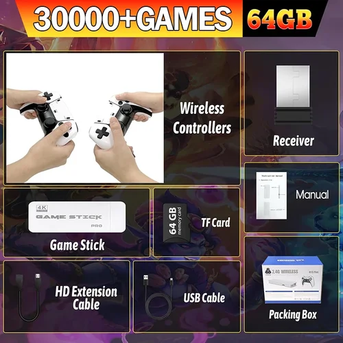 Imagen 2 del producto M15 4K TV Game Stick, más de 30000 juegos retro integrados de 64 GB con gamepads inalámbricos, admite más de 20 simuladores para juegos de TV HD