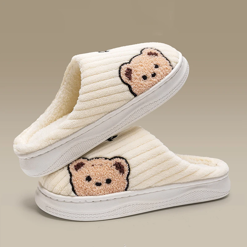 Cute Bear Pattern Plush Winter Slippers for Women Anti Slip Warm Flat Fuzzy Shoes Woman Comfortable Soft Bedroom Home Slippers