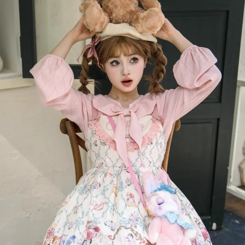 Japanese Kawaii Lolita Style Knitted Pullover Women Autumn Winter Sweets Sailor Collar Puff Long Sleeves Bow Sweater Female Tops