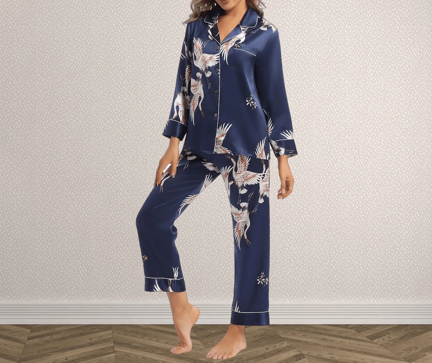 Women Silk Pajamas Set Printed Ladies Long Sleeve Nightwear Set Navy Blue Night Wear 100% Mulberry Silk Two-piece Pyjama Sets