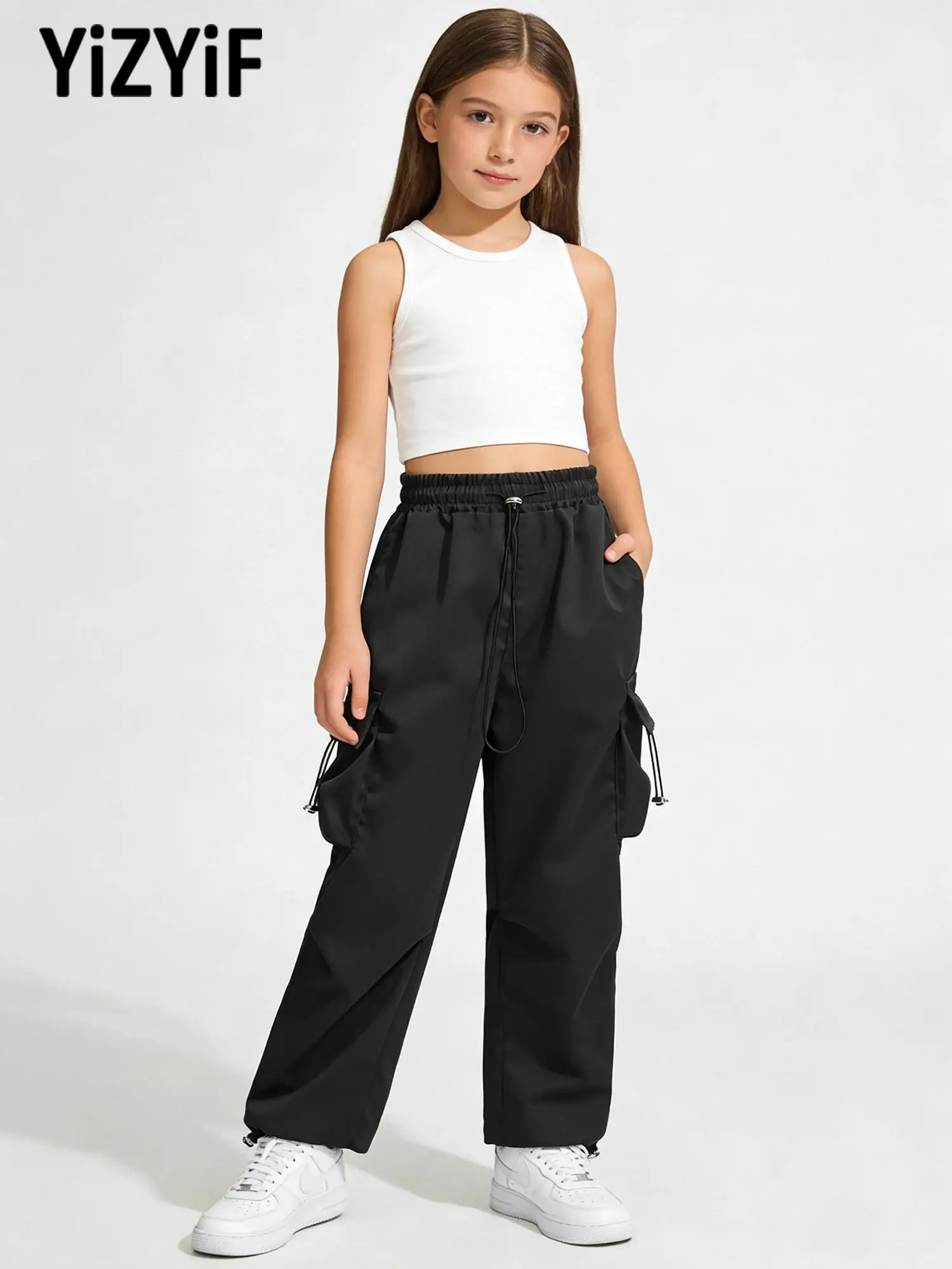 

Детские брюки-карго для мальчиков и девочек, эластичный пояс на шнурке с множеством карманов, повседневные брюки в стиле хип-хоп, для скейтбординга и уличных танцев