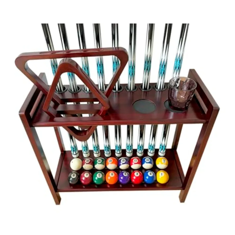 

Floor Stand Pool Stick Holder with Wooden 2-Tier Design Holds 9 Cues and Accessories in Black Includes Ball Rack Hangers Chalk