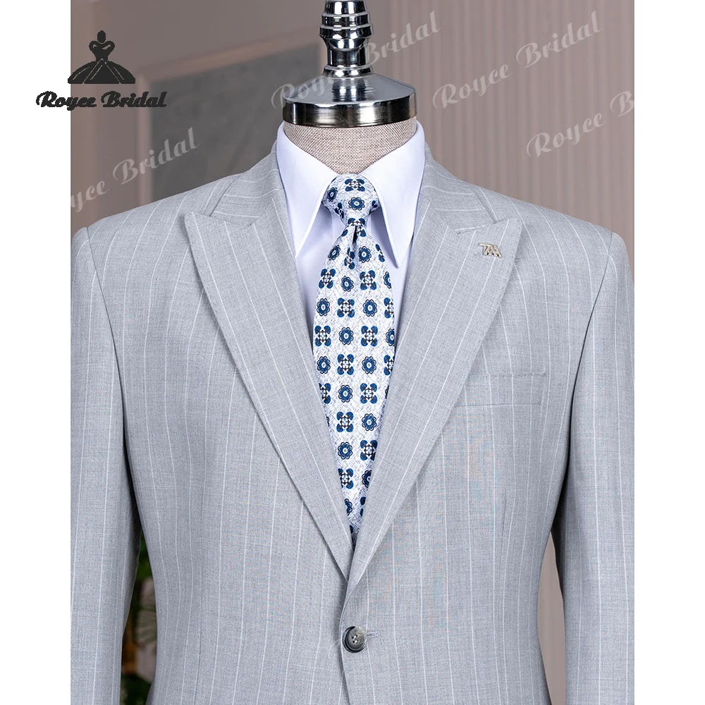 Abito da sposa da uomo monopetto in due pezzi a righe grigie 2026 Abito da sera da lavoro con risvolto a punta Abiti personalizzati para hombre