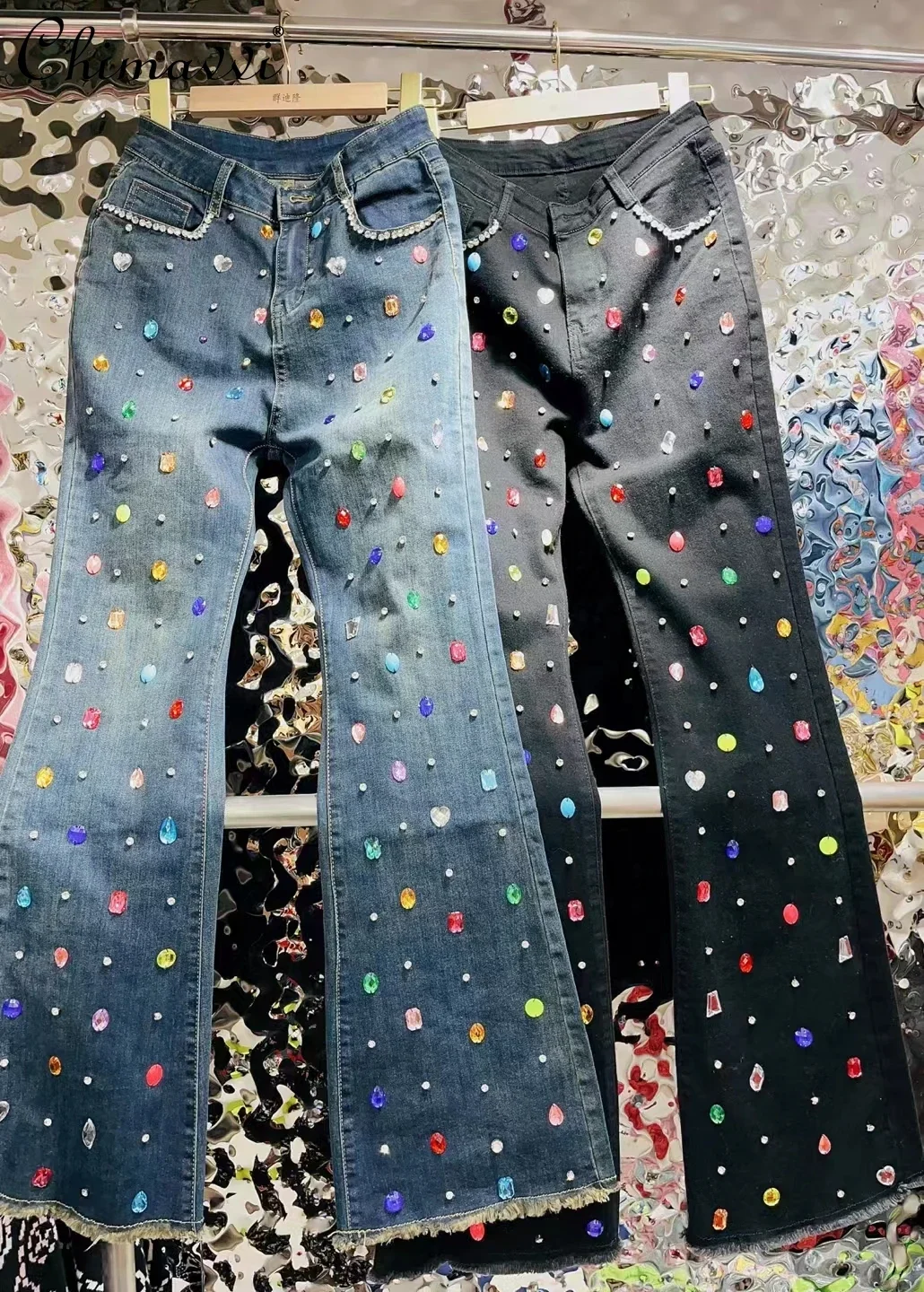 Pantalones vaqueros ajustados de cintura alta para mujer, ropa de otoño, moda coreana, dulce, con diamantes de imitación de Color, 2023