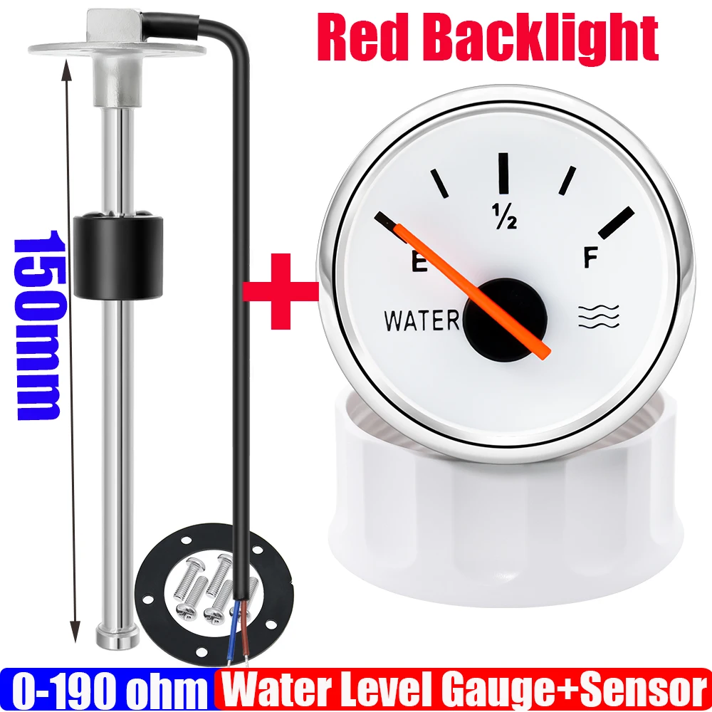 0-190Ohm Watervlotter Sensor + Waterniveaumeter Rode Kleur LED 52mm Watertank Meter Indicator Voor Marine Auto RV Camper Jacht 9-32V