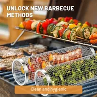 BBQ Basket Stainless Steel Rolling Grilling Basket Wire Mesh Cylinder Grill Basket Portable Round Outdoor Camping Barbecue Rack