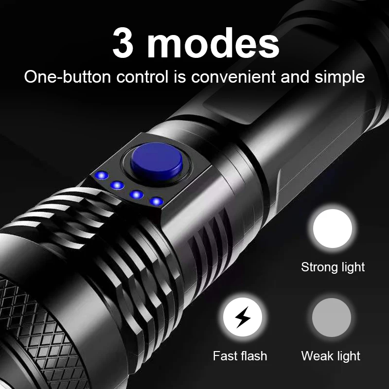 5000 Lumen Rechargeable LED Flashlight Powerful Torch Light USB High Power Flashlight Built-in battery Outdoor Camping Hand Lamp