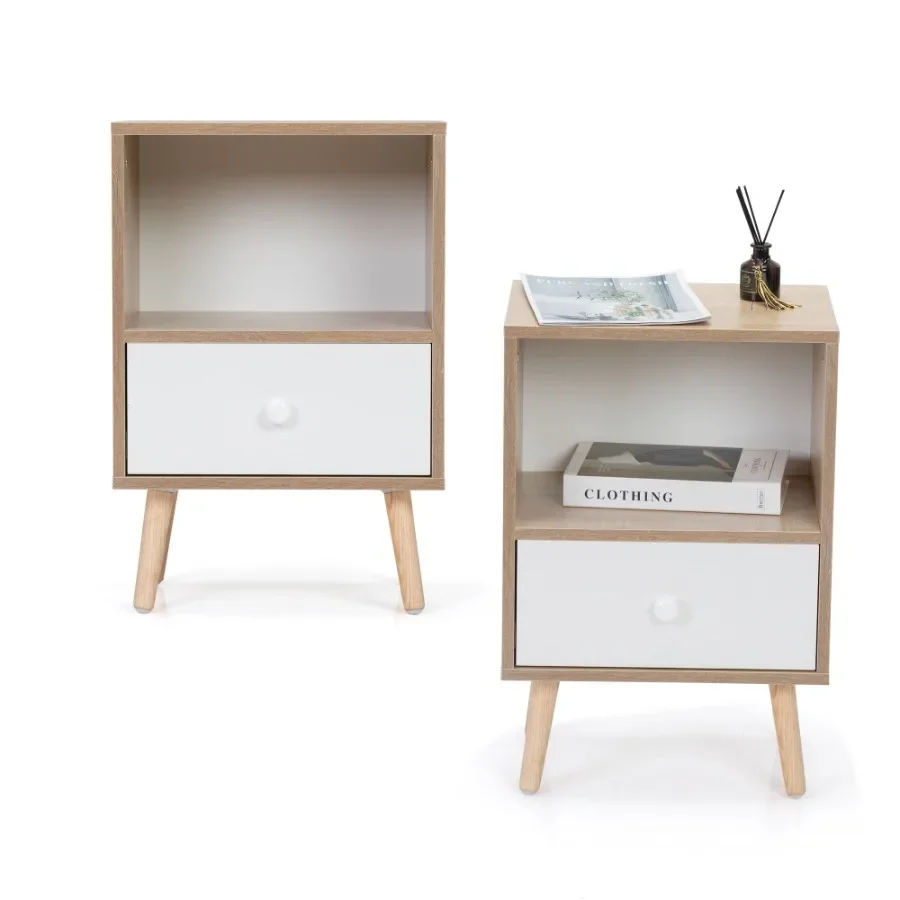

Mid-Century Wood Nightstand Set of 2 Bed Sofa Side Table with Drawer and Shelf Modern End Table for Living Room Bedroom Office