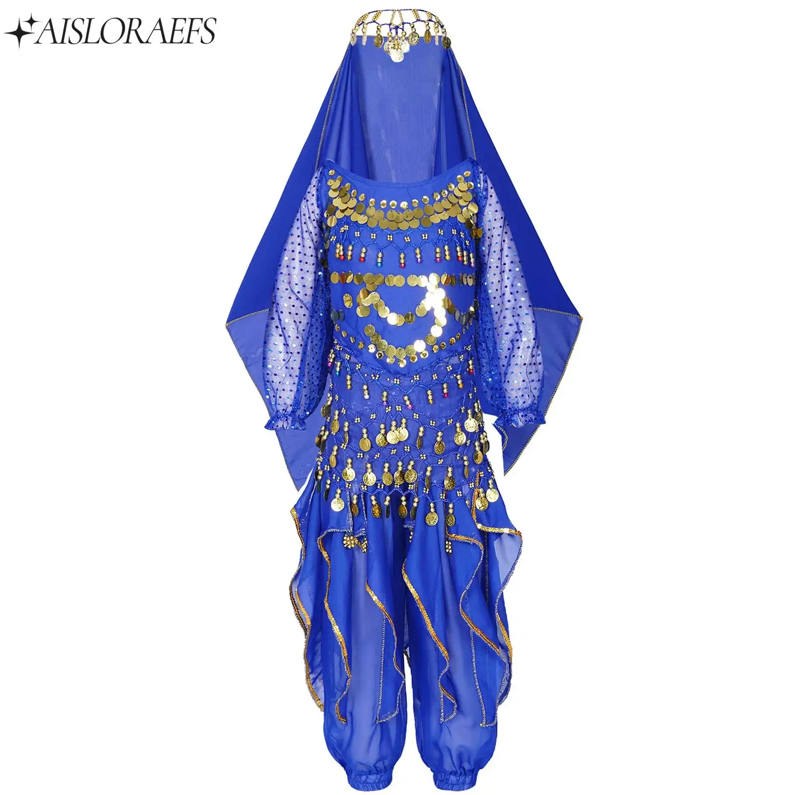 

Kid Girls Belly Dance Performance Costume Dancewear Lace Sleeve Sequins Tassel Crop Top Ruffled Pants Hip Scarf Headscarf