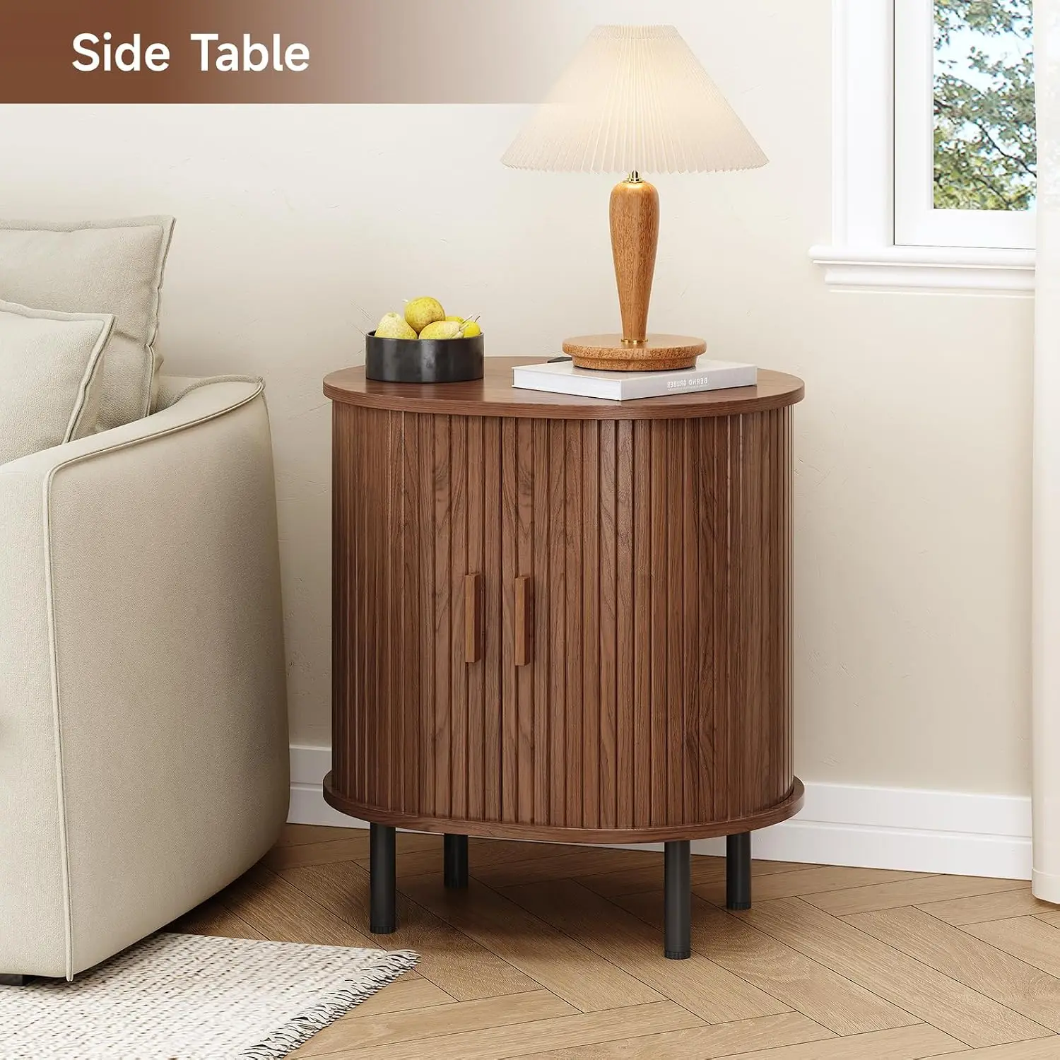 Oval End Table with Charging Station, Sliding Door, Wlanut(1-Pack)