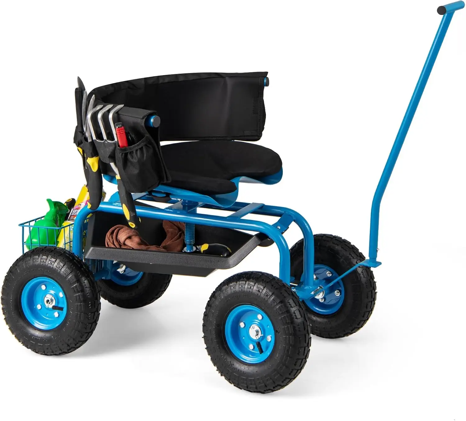 Rolling Garden Seat with Wheels, Outdoor Garden Cart with 360° Swivel Seat & Tool Storage, 2 Steering Handles, Gardening Stool