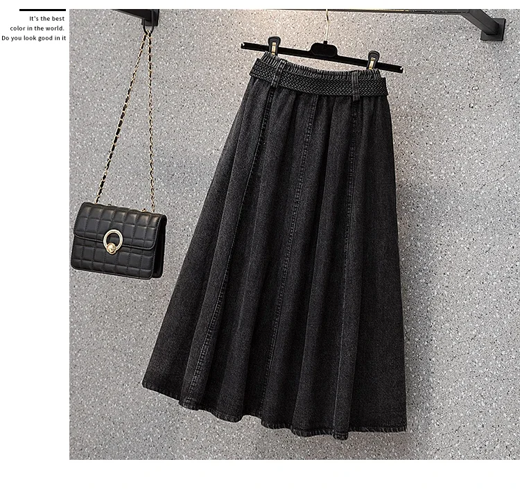 Röcke für Damen, übergroß, elastisch, hohe Taille, plissiert, lässig, lange Röcke, All-Match-Jeansröcke in A-Linie, für Bürodamen – Detail 10