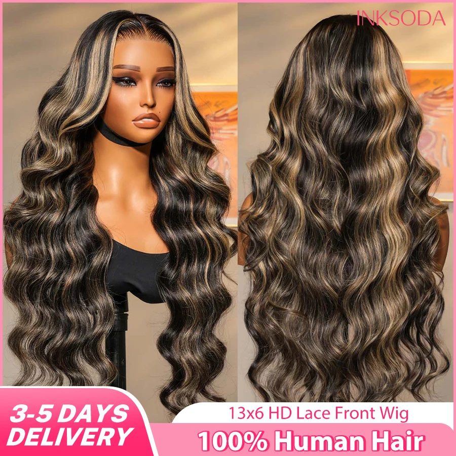 

1B/30 Highlight Ombre Black Brown Colored 13x6 Lace Frontal Human Hair Wigs Preplucked 30Inch Body Wave Lace Front Wig For Women