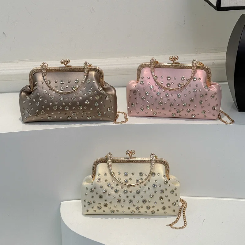 Women's New Rhinestone Rivet Handbag European and American Fashion Elegant Luxurious Design Shiny Chain Pu Crossbody Bags