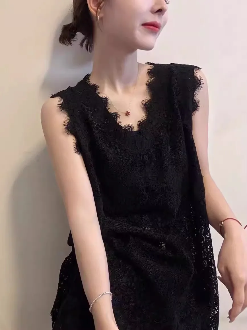 

Ele Hollow out Velvet Flower V-Ne Svel Mid-Length Lace Vest Base irt Trendy Commute Sle Loose Fit Boting Top