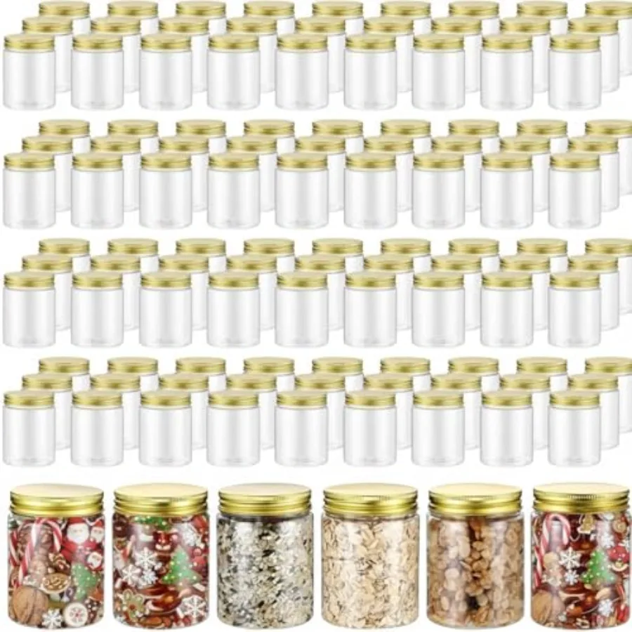 

200 Pcs 8 oz Clear Plastic Mason Jars Containers with Screw-on Gold Lids Refillable Round Empty Plastic Jars Storage Containers